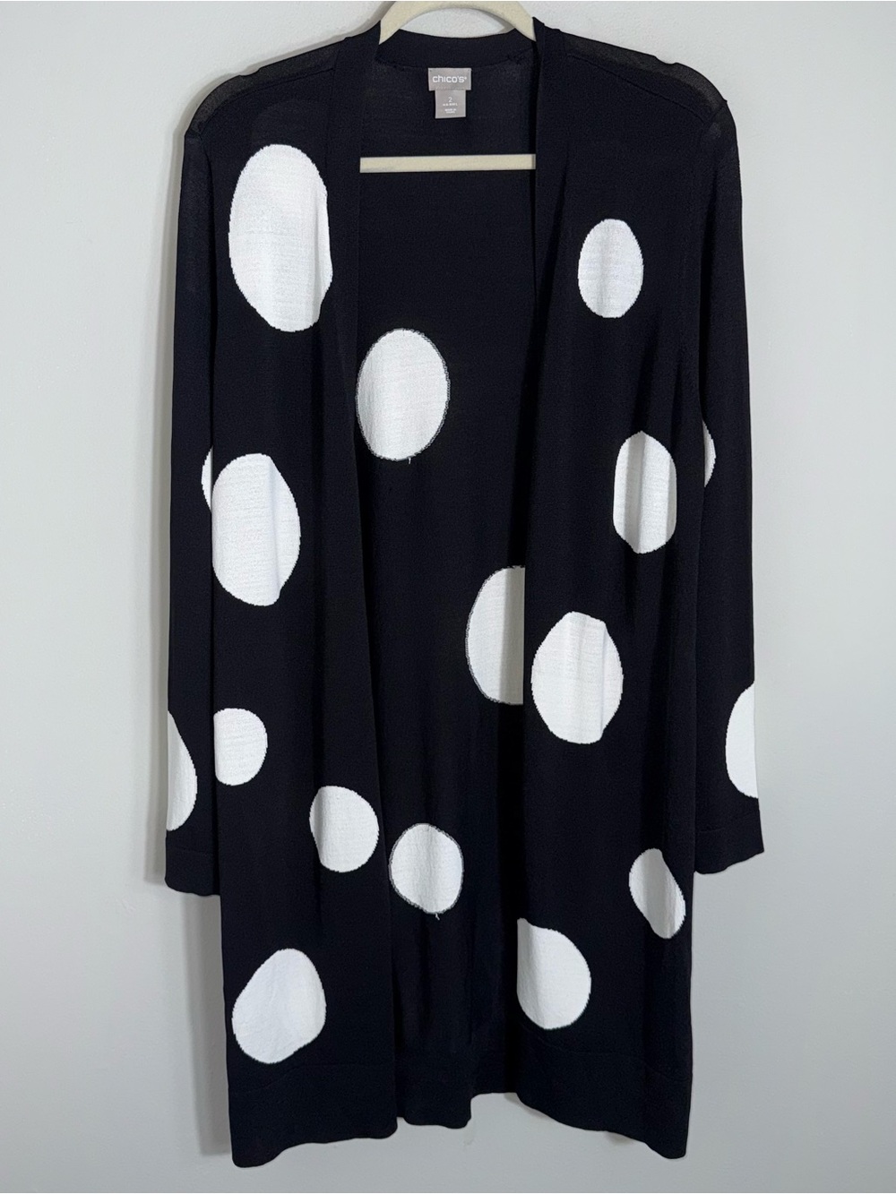 Chico's Open Front Duster Cardigan-Lightweight-Black White Polka Dots-Large